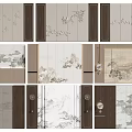 Chinese Style Sofa Background Wall With Landscape Patterns And Wooden Frames 3d model