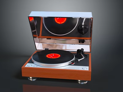Vintage Record Player with Wooden Base Silver Case Transparent Cover and Black Turntable 3d model