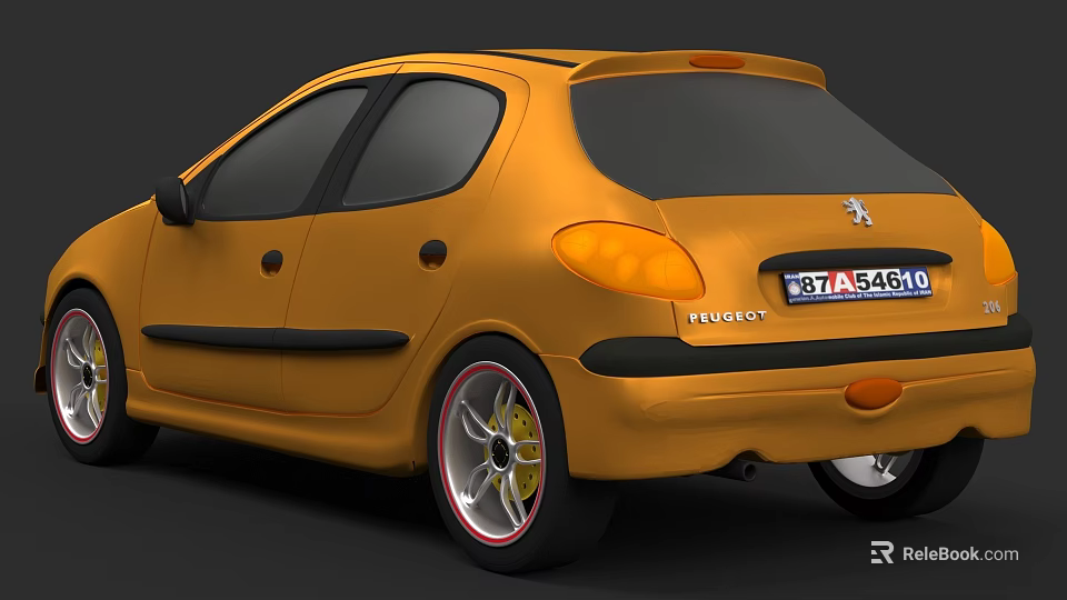 Yellow Peugeot Car Rear View With Black Accents Red Rims And Taillights 3d model 