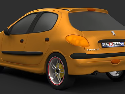 Yellow Peugeot Car Rear View With Black Accents Red Rims And Taillights 3d model