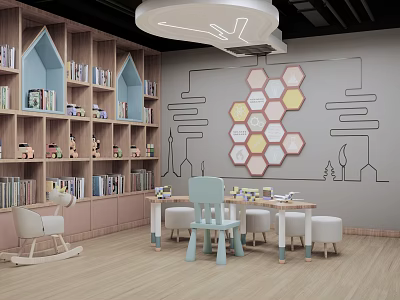 Cozy Kindergarten Interior With House Shaped Bookshelves Hexagonal Wall Decorations And Playful Furniture 3d model