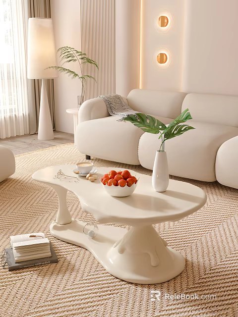 Modern White Sofa and Coffee Table Set with Strawberries Green Plant and Vase in Interior 3d model 