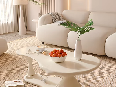 Modern White Sofa and Coffee Table Set with Strawberries Green Plant and Vase in Interior 3d model