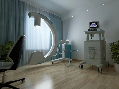 Modern Medical Examination Room Interior With Equipment Cart Display Screen Chair And Green Plant 3d model