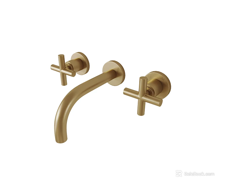 Golden Two Handle Faucet With Cross Shaped Handles And Brass Finish For Bathroom Sink 3d model 
