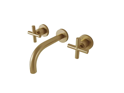 Golden Two Handle Faucet With Cross Shaped Handles And Brass Finish For Bathroom Sink 3d model