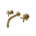 Golden Two Handle Faucet With Cross Shaped Handles And Brass Finish For Bathroom Sink