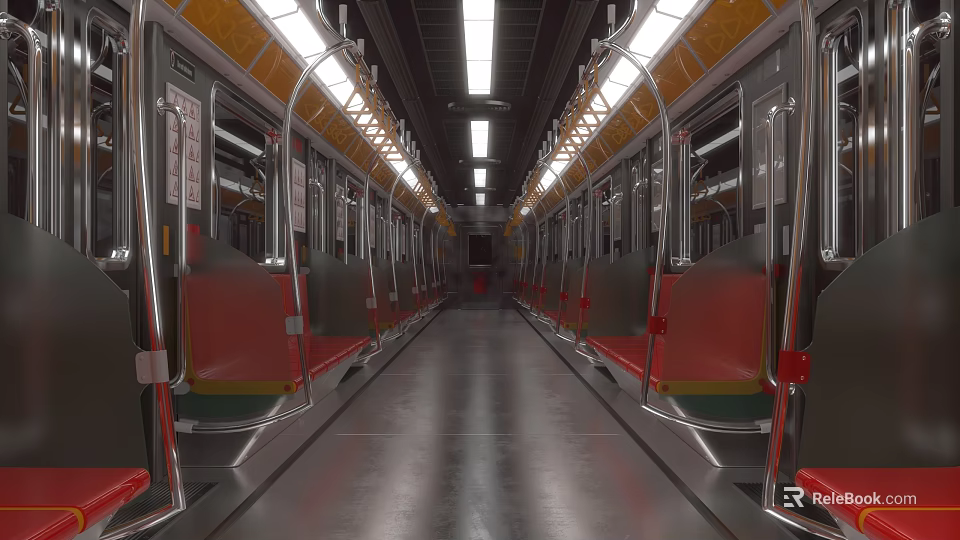 Clean Modern Subway Train Interior With Red Seats Metal Handrails And Ceiling Lights 3d model 
