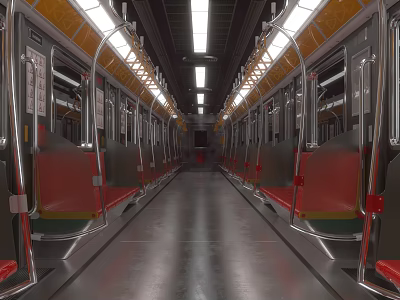 Clean Modern Subway Train Interior With Red Seats Metal Handrails And Ceiling Lights 3d model