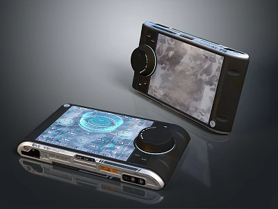 Dual Handheld Devices Featuring Digital Interface And Textured Screens With Control Knobs 3d model