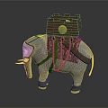 Decorative Elephant Figurine With Wooden Box Gold Ornament Patterned Saddle Cloth And Leather Straps