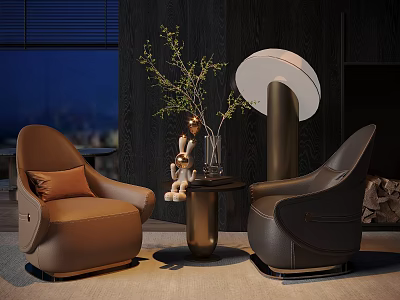 Modern Brown Black Armchairs With Small Table Green Plant Decorative Figure By Dark Wall Window 3d model