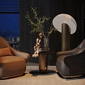 Modern Brown Black Armchairs With Small Table Green Plant Decorative Figure By Dark Wall Window