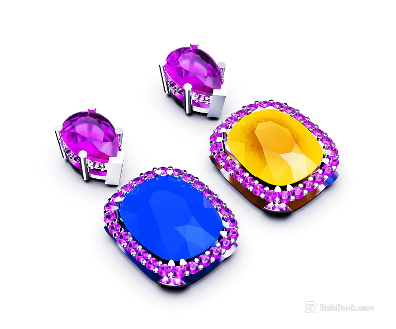 Oval Gemstone Jewelry Featuring Purple Blue Yellow Stones With Silver Setting Encrusted Small Purple Crystals 3d model 