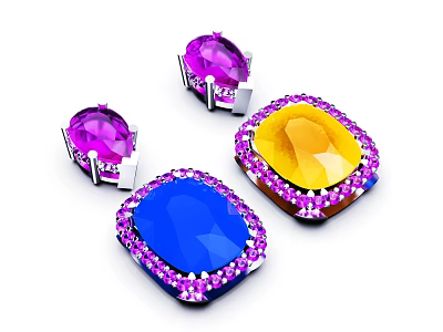 Oval Gemstone Jewelry Featuring Purple Blue Yellow Stones With Silver Setting Encrusted Small Purple Crystals 3d model