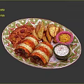 Delicious Stuffed Rolled Food With Crispy Potato Fries And Dips On Decorative Plate