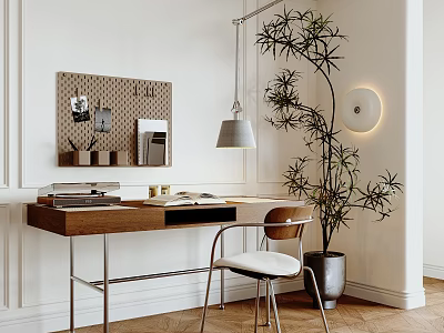 Stylish Wooden Desk With Chair Table Lamp Pegboard with Photos Mirror and Large Potted Plant 3d model