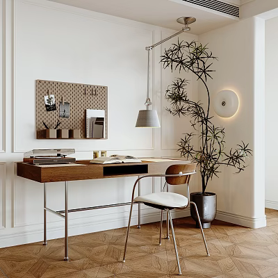 Stylish Wooden Desk With Chair Table Lamp Pegboard with Photos Mirror and Large Potted Plant 3d model