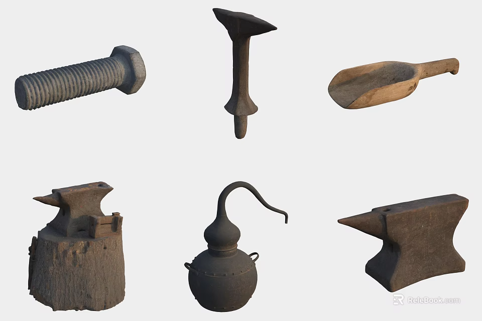 Durable Hardware Tools Including Bolt Anvil Hammer And Wooden Tool For Workshop Use 3d model