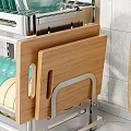 Stainless Steel Kitchen Utensil Organizer With Wooden Handle Knives Green Plates And Dish Drainer