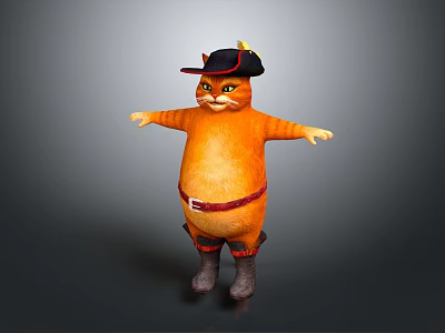 Game Movie Character Orange Cat With Pirate Hat Feather Red Belt Brown Boots Arms Outstretched 3d model