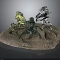 Three Detailed Multi Legged Mechanical Creatures In Action Poses On Rock Base