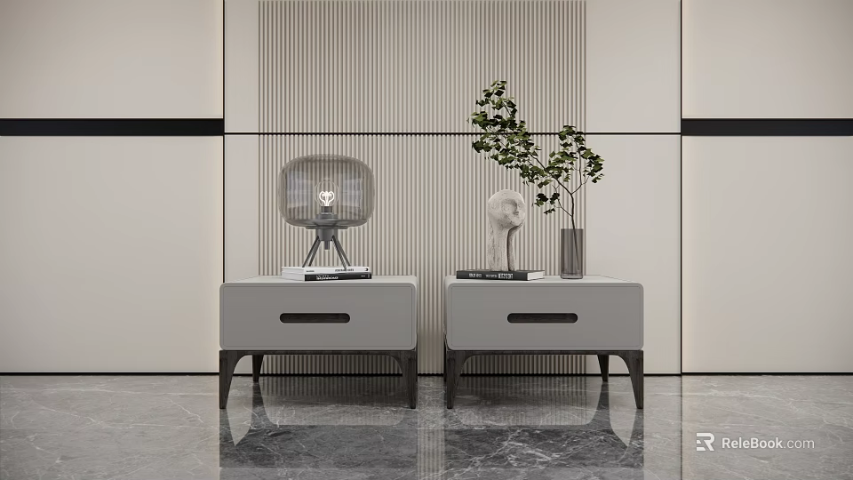 Modern Light Gray Bedside Tables With Table Lamp Books Sculpture And Green Plant 3d model 