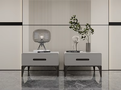 Modern Light Gray Bedside Tables With Table Lamp Books Sculpture And Green Plant 3d model