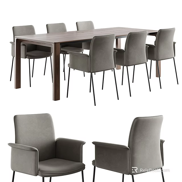 Modern Wooden Dining Table Set With Six Gray Upholstered Chairs 3d model 