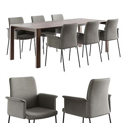 Modern Wooden Dining Table Set With Six Gray Upholstered Chairs 3d model