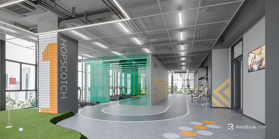 HOPSCOTCH Modern Fitness Gym With Equipment Green Orange Decor And Open Space Design 3d model 