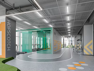 HOPSCOTCH Modern Fitness Gym With Equipment Green Orange Decor And Open Space Design 3d model