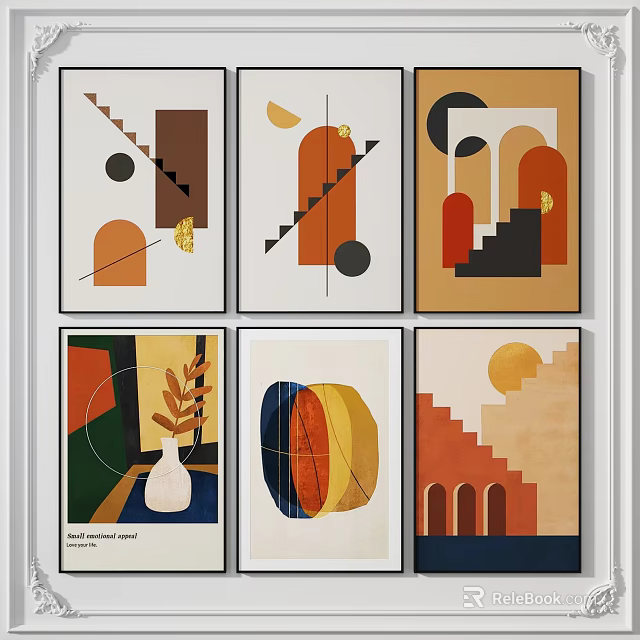 Modern Abstract Wall Art With Geometric Shapes Staircase Arch And Plant Elements 3d model