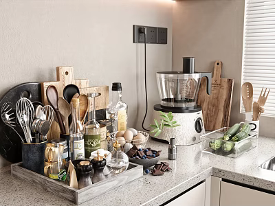 Modern Kitchen Marble Countertop With Various Utensils And Food Processor 3d model