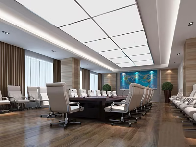 Modern Conference Room With Long Table Comfortable Chairs Large Windows Decorative Painting And Wooden Flooring 3d model