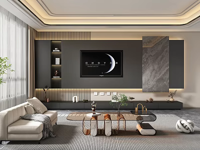 Modern Living Room With Sofa Coffee Table And TV Wall Decor 3d model