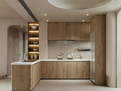 Modern Kitchen Interior With Wooden Cabinets Stainless Steel Fridge Countertop And Shelves With Bowls 3d model