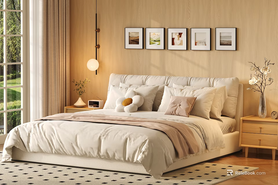 Cozy Modern Bedroom With Large Bed Pillows Stuffed Toy Framed Pictures Nightstands And Curtains 3d model 
