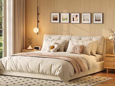 Cozy Modern Bedroom With Large Bed Pillows Stuffed Toy Framed Pictures Nightstands And Curtains 3d model