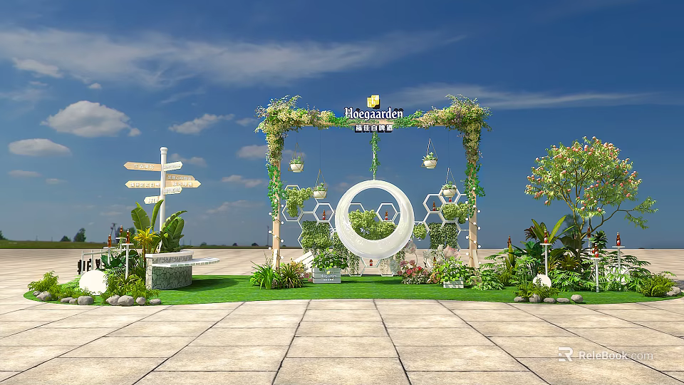 Outdoor Decorated Arch With Green Plants Bloomville Sign And White Circular Decor On Lawn 3d model 