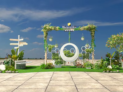 Outdoor Decorated Arch With Green Plants Bloomville Sign And White Circular Decor On Lawn 3d model