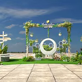 Outdoor Decorated Arch With Green Plants Bloomville Sign And White Circular Decor On Lawn
