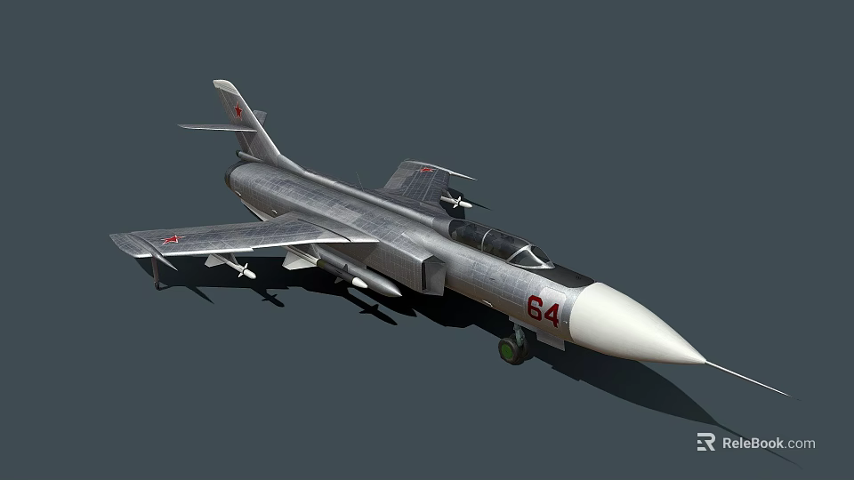 Military Fighter Jet Silver Body Number 64 with Wing Weapons and Red Emblems 3d model 