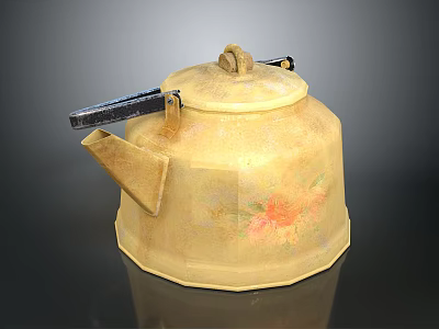 Yellow Ceramic Teapot With Floral Pattern Black Handle And Spout For Daily Use 3d model