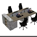 Modular Office Desk Setup With Multiple Computer Monitors Black Office Chairs And White Storage Cabinets 3d model