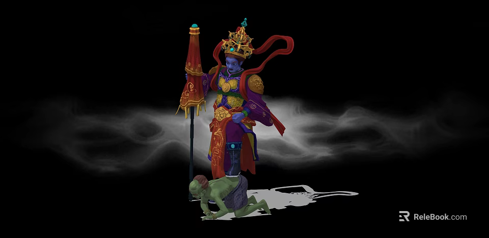 Game Movie Character In Ornate Costume With Golden Decorations Red Cape And Green Creature 3d model 