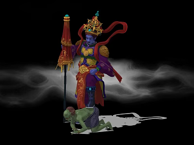 Game Movie Character In Ornate Costume With Golden Decorations Red Cape And Green Creature 3d model