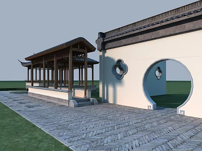 Traditional Wooden Pergola In Chinese Courtyard With Wooden Columns Circular Archway And Patterned Stone Pavement 3d model
