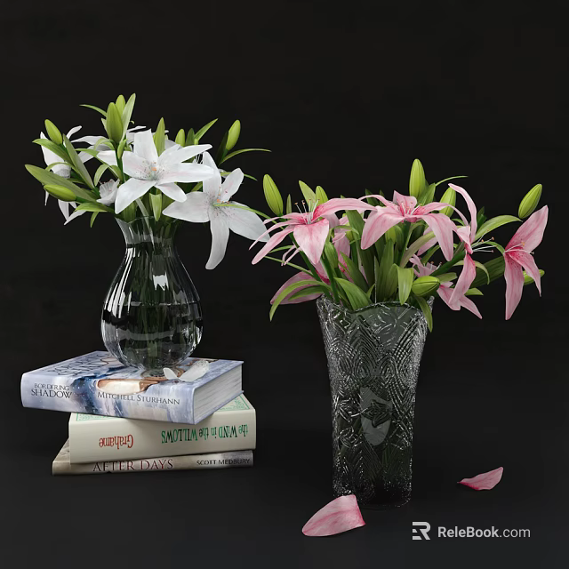 Transparent And Textured Vases With White Pink Lilies On Stack Of Books 3d model 