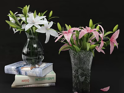 Transparent And Textured Vases With White Pink Lilies On Stack Of Books 3d model